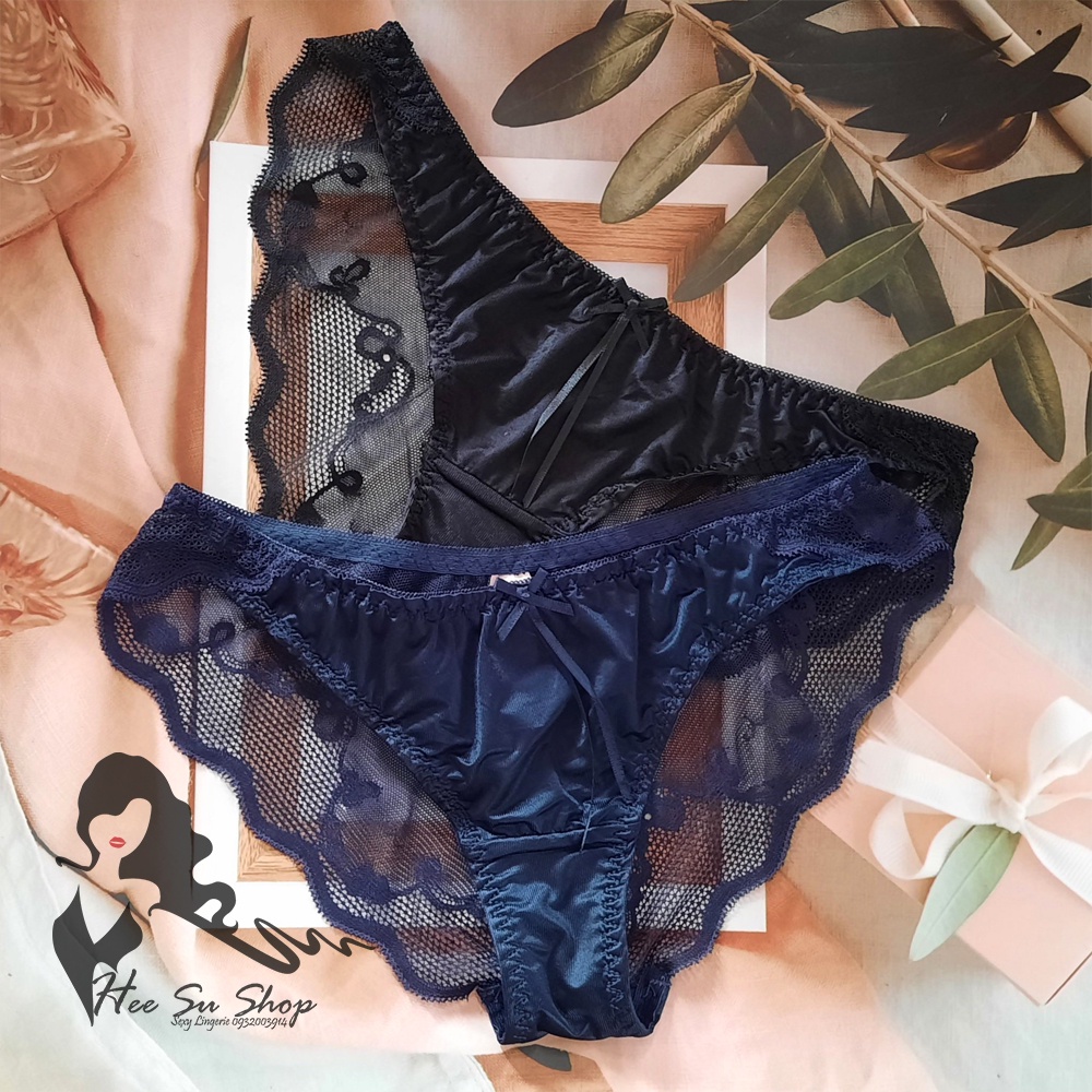 Quần lót satin lụa bóng phối ren siêu mỏng thiết kế nửa mông gợi cảm 8093 free size dưới 56kg, mông dưới 95cm