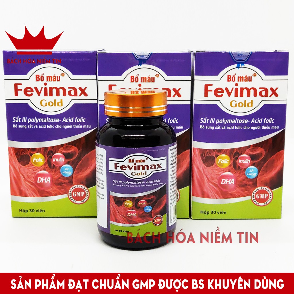 Viên uống Bổ máu Fevimax Gold bổ sung Sắt, Acid Folic cho người thiếu máu  , phụ nữ mang thai và cho con bú - Lọ 30v