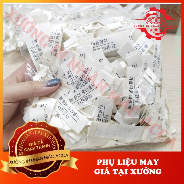 [ Sẵn ] 1 túi 1000 cái Mác lụa satin chữ Hàn bán sẵn gắn cổ_Nhận in nhãn mác quần áo theo yêu cầu tại Hà Nội