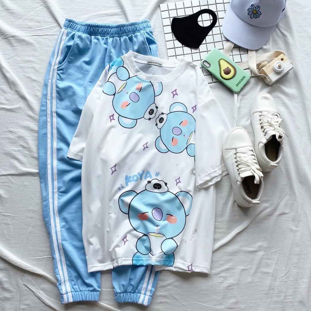 Set áo 3D Koya BT21 BTS + quần dài/ short cartoon Koya gấu xanh unisex - Hàng nhập khẩu