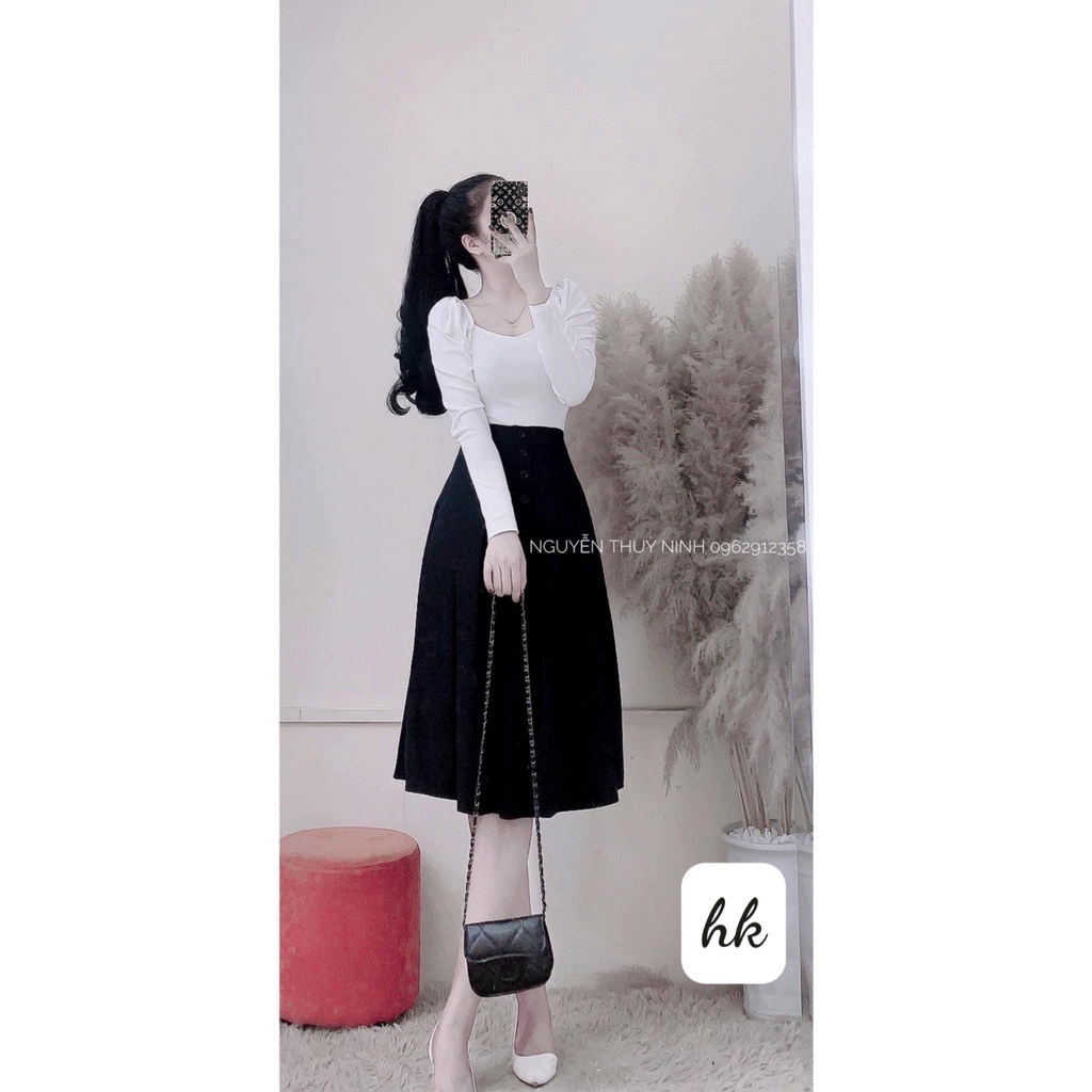 Set Áo tay bồng dài tay, chân váy xòe midi cho nữ bán rời set, phong cách hàn quốc