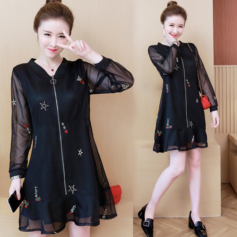 【Quảng Châu Big Size】 Đầm big size quảng châu xòe in sao phối voan lưới dây kéo trước D11