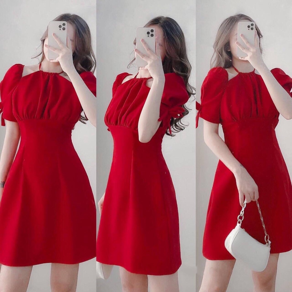 Đầm đỏ dạo phố dáng xòe cổ yếm tay bồng nhẹ phối nơ xinh xắn San Dress