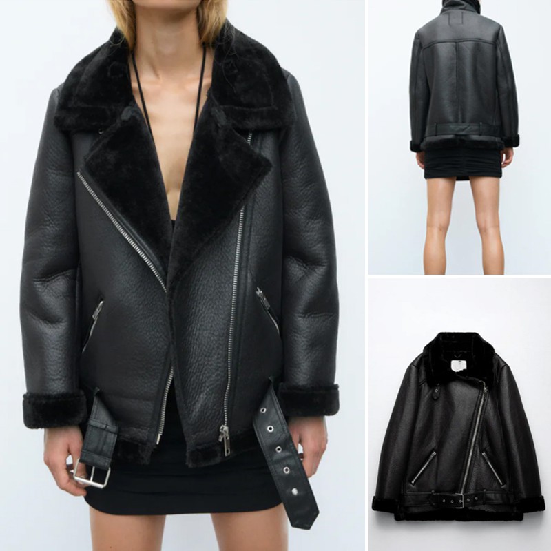 ÁO KHOÁC DA NỮ BIKER JACKET LÓT LÔNG MÀU ĐEN - 2969/240