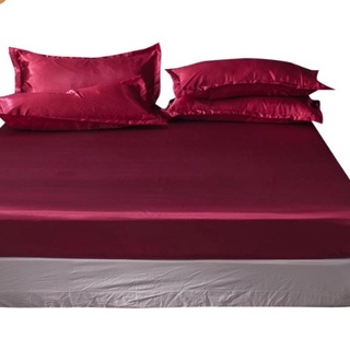 Bộ ga gối phi lụa 4 món cao cấp mát,mềm,mịn lan bedding- màu đỏ mận
