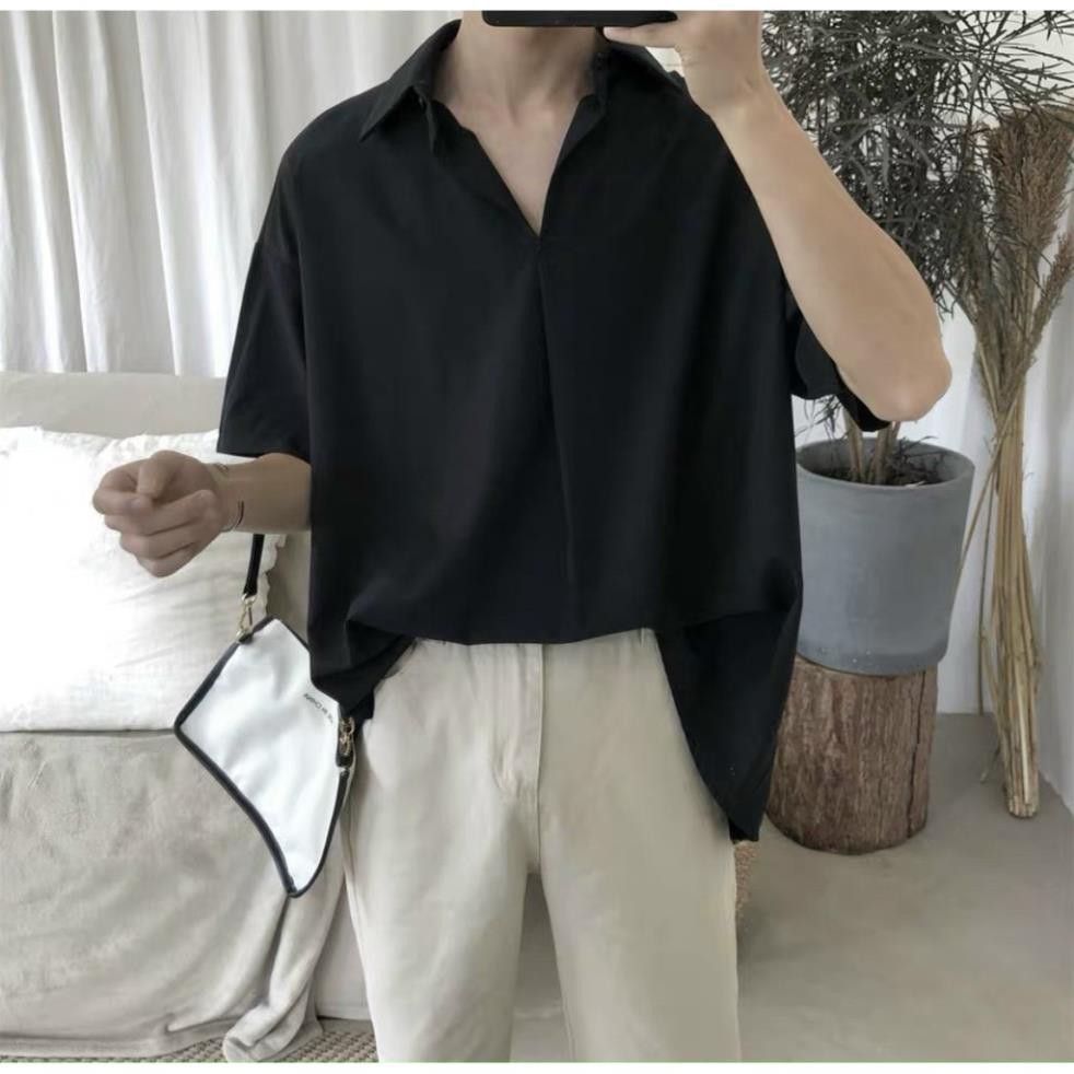 Áo SƠ MI CỔ CHUI Basic trơn unisex nam nữ tay ngắn form rộng style HÀN QUỐC ྇