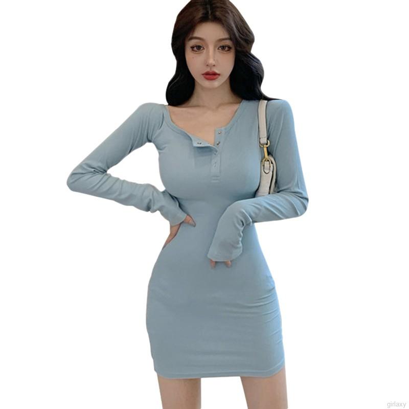 Korean Temperament Fashion Diagonal Collar Design Solid Color Wild Long Sleeve Dress