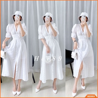 Váy trắng dự tiệc cổ v nhún eo nhẹ nhàng nhàng sang chảnh