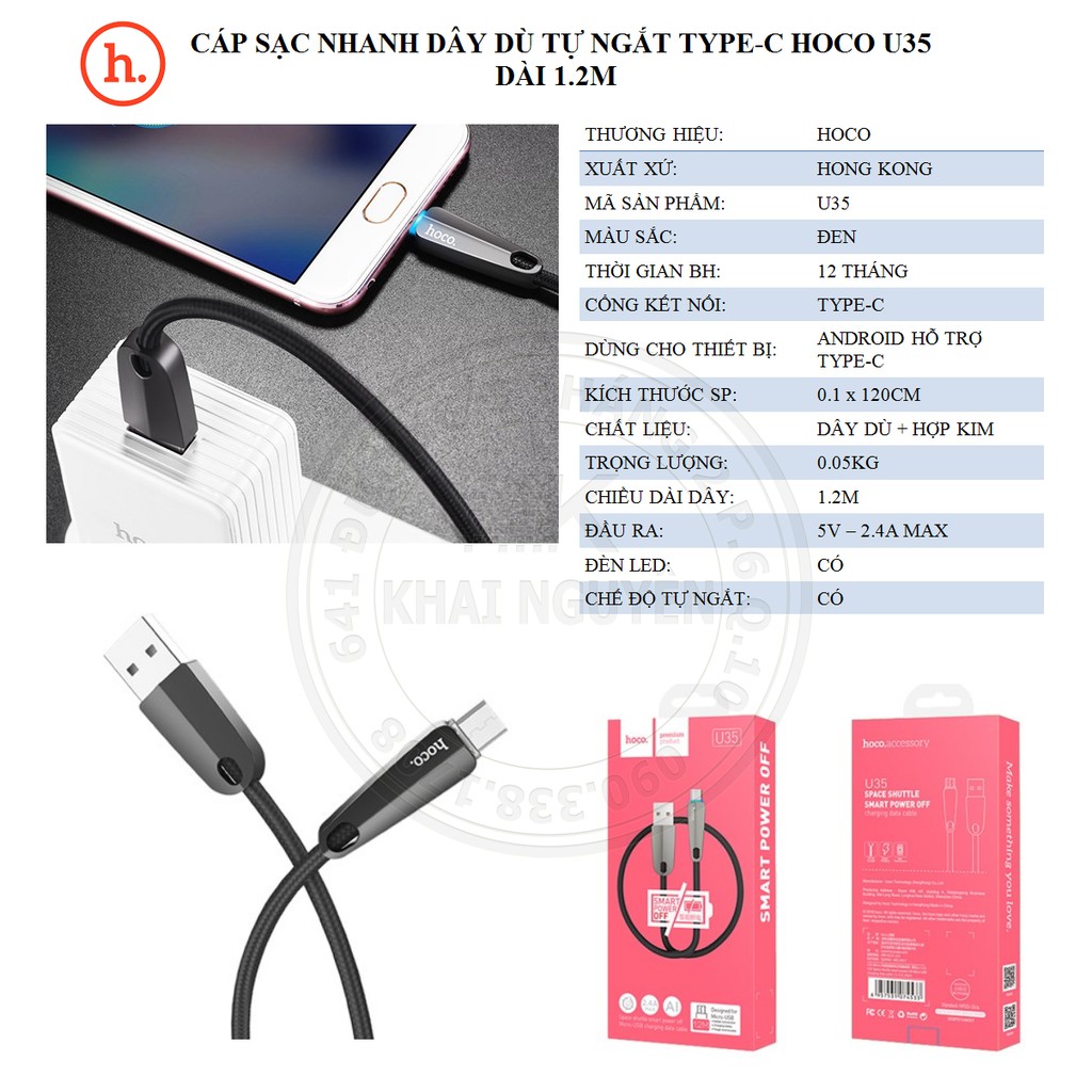CÁP SẠC TỰ NGẮT Hoco U35 Type C