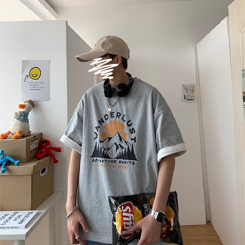Áo thun tay ngắn cổ tròn dáng rộng in họa tiết graffiti phong cách Hàn Quốc thời trang cho nam size lớn S-8XL
