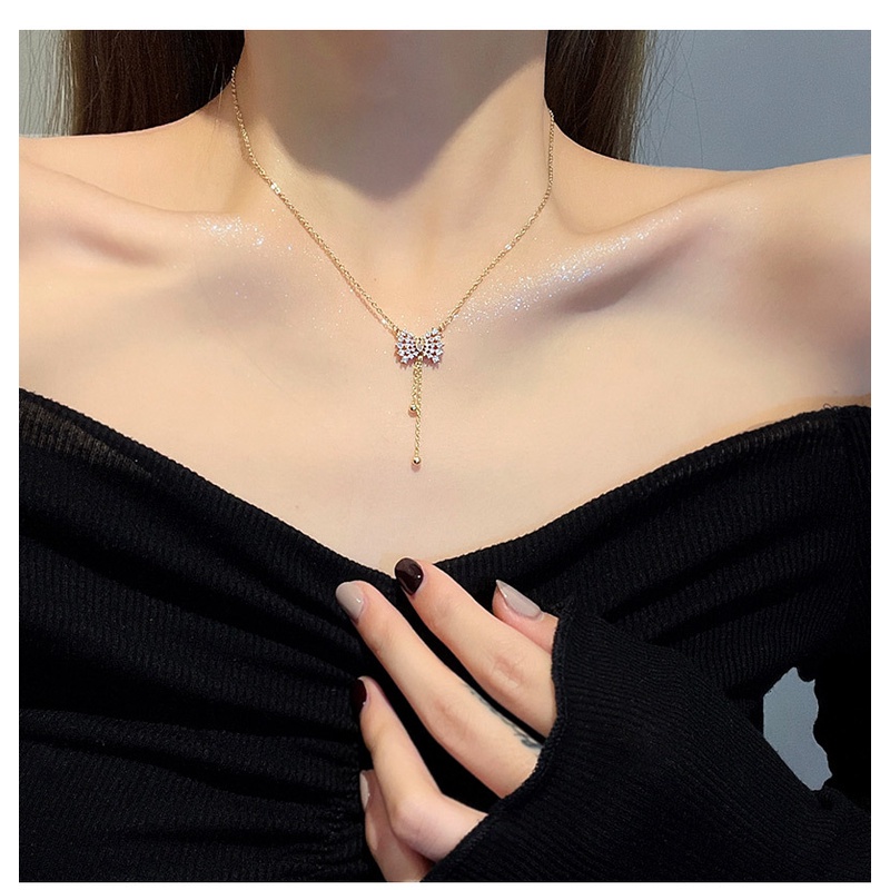 Vòng Cổ Nơ Bằng Thép Titan Đính Đá Zircon Kiểu Hàn Quốc Cá Tính Lãng Mạn Cho Nữ