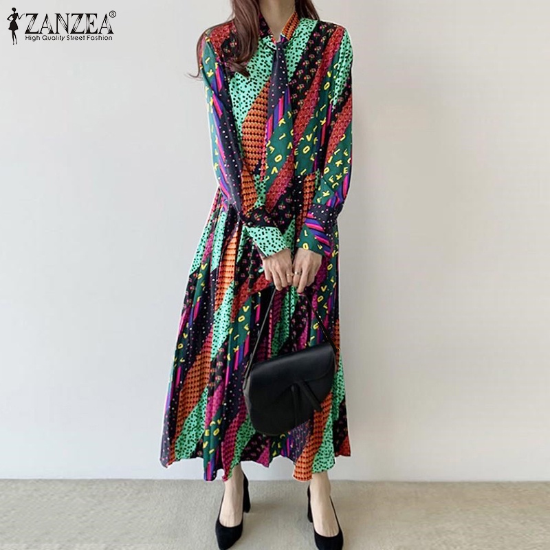 Đầm dài Zanzea cổ tròn tay dài in họa tiết hoa thời trang retro cho nữ