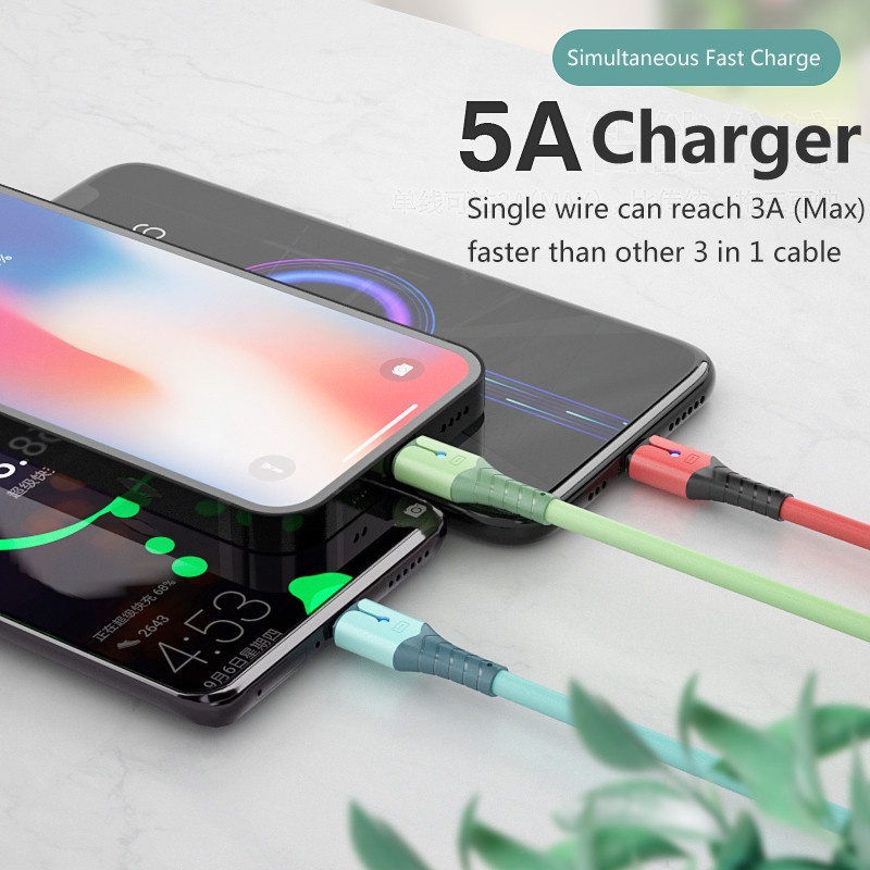 Dây Cáp Sạc Nhanh 5A Silicone Dạng Lỏng 3 Trong 1 Có Đèn Led Cổng Usb Micro Usb Type-C