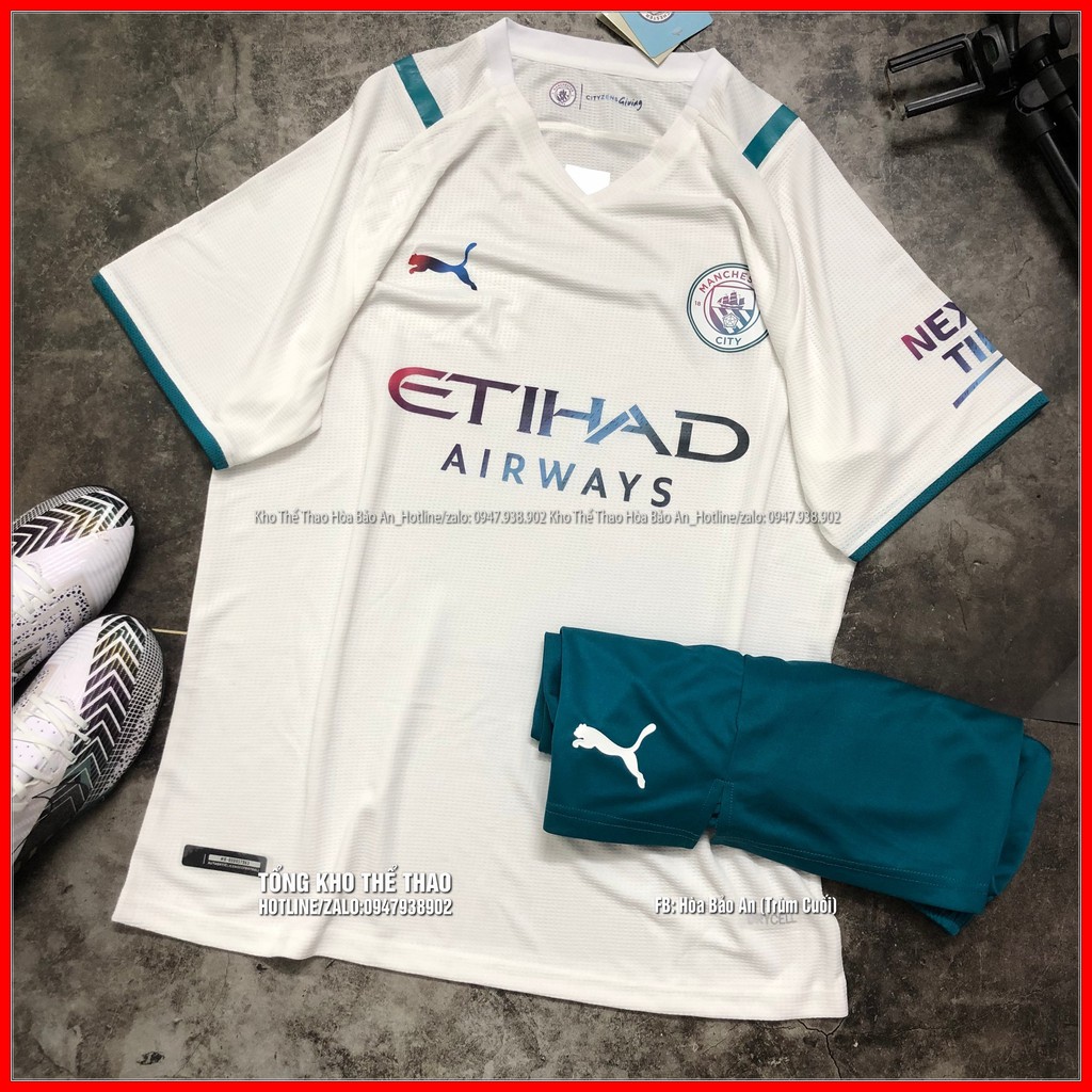 Áo bóng đá/Bộ quần áo đá banh CLB ManCity áo trắng quần xanh hàng cao cấp mẫu mới 2021/2022
