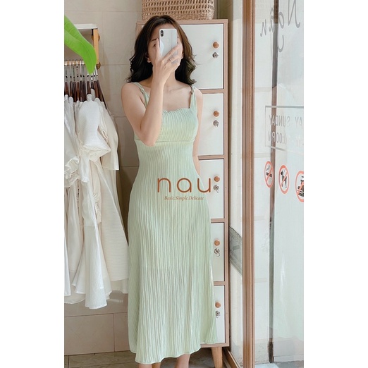 Đầm xanh mint 2 dây vải gân dáng midi | BigBuy360 - bigbuy360.vn
