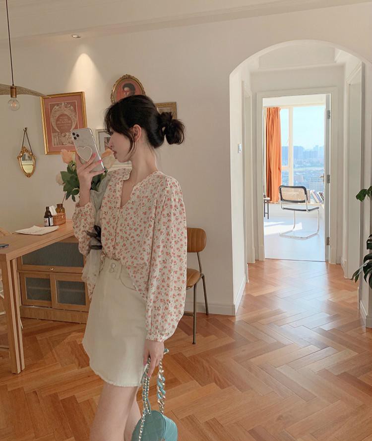 Áo sơ mi SUXI in hoa tay dài kiểu dáng nhẹ nhàng thanh lịch cho nữ