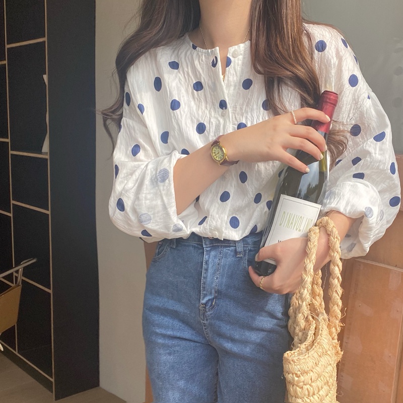 Áo kiểu IELGY tay dài cổ tròn in họa tiết chấm bi xinh xắn cho nữ