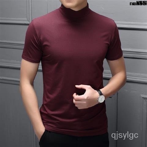 Áo Sơ Mi Ngắn Tay #^ Cổ Áo Sơ Mi Nam Cao Cổ Bằng Cotton Modal Cao Ôm Một Nửa Màu Sắc Trơn Thời Trang Xuân Hè _ Xu Hướng Cho Nam #