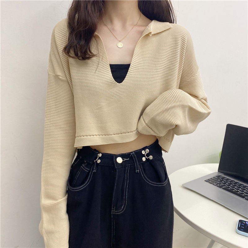 Croptop knit long sleeve V-neck, Korean version | BigBuy360 - bigbuy360.vn