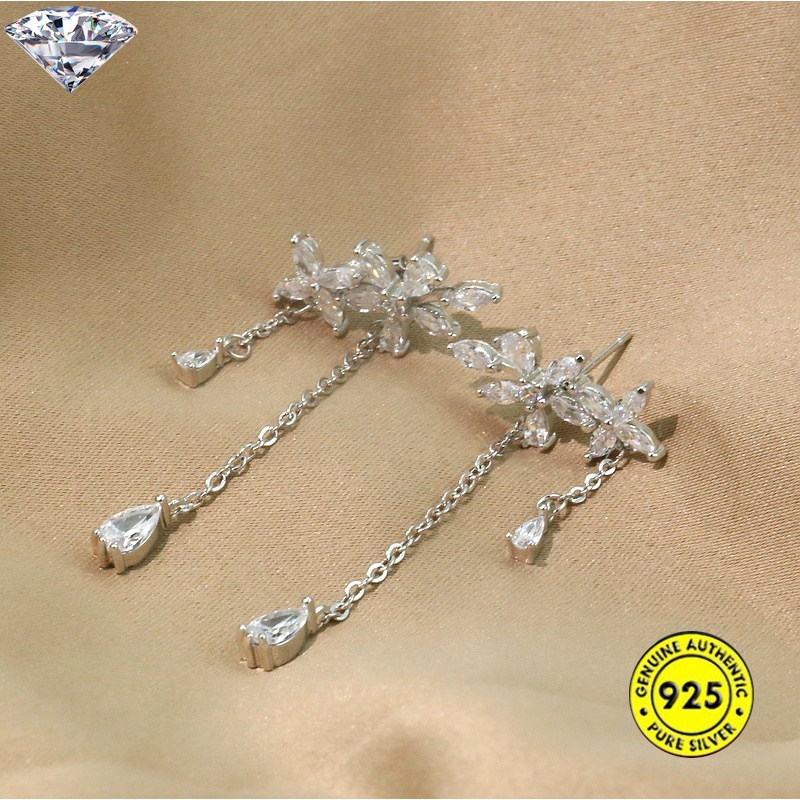 Bông tai mạ bạc 925 hình hoa năm cánh đính đá phối tua rua phong cách Hàn Quốc cho nữ