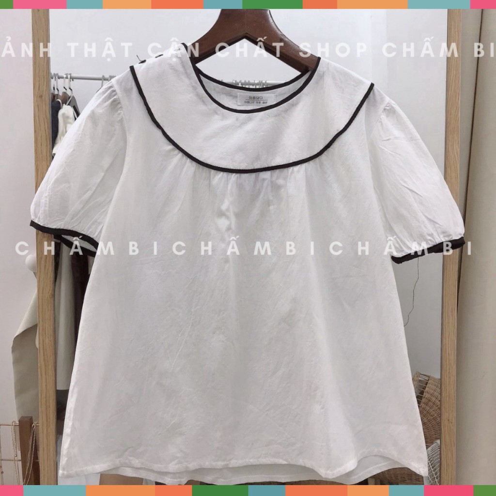 Áo Kiểu Nữ A.211, áo babydoll cộc tay cổ tròn viền đen ba cúc cài vai đen