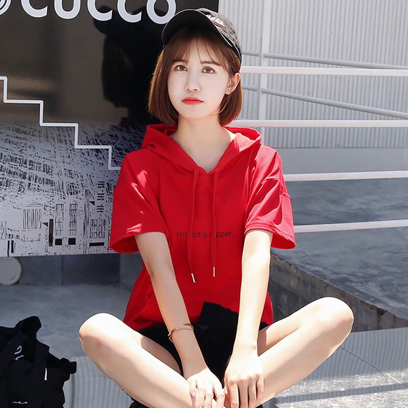 Áo thun tay ngắn có mũ trùm đầu chất liệu cotton phong cách Hàn Quốc