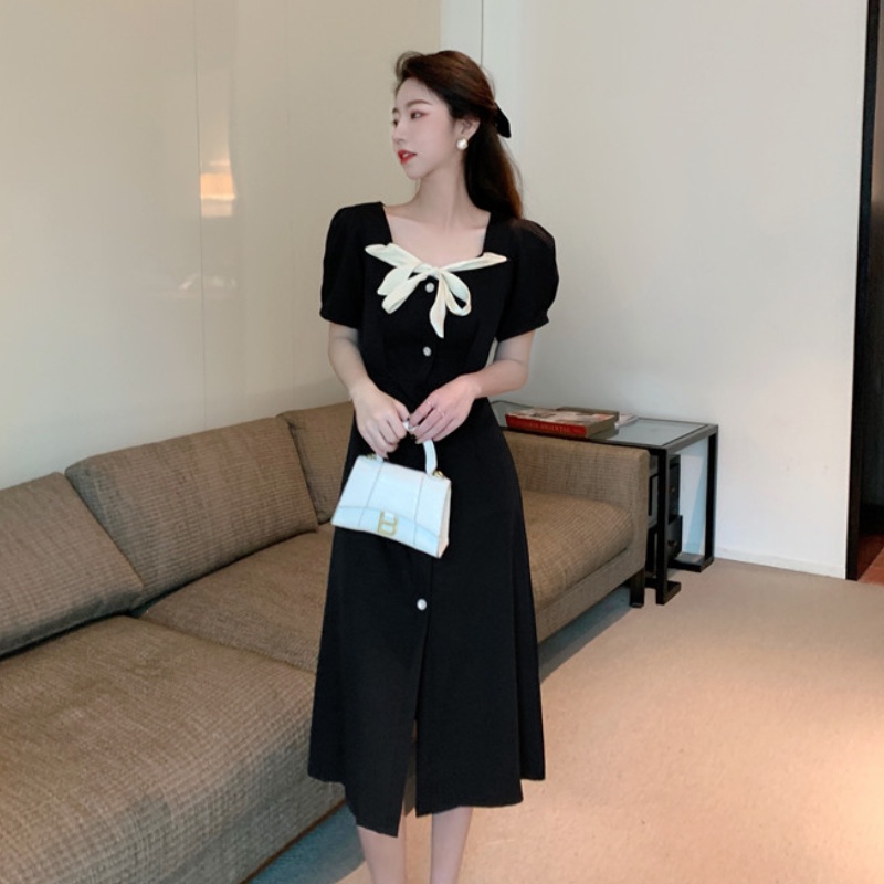 Đầm Dáng Dài Ôm Eo Đính Nơ Xinh Xắn Thời Trang Hàn Quốc Cho Nữ