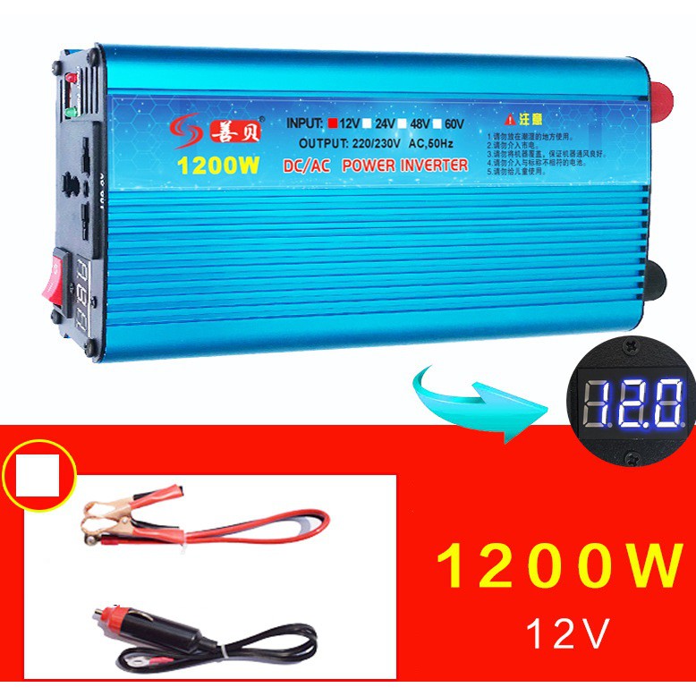 Bộ kich điện 12v lên 220v 1200w- CÓ LED báo Volt