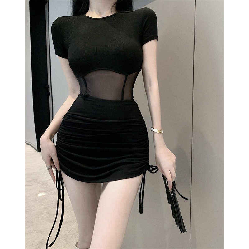 Set Áo Đen + Chân Váy Rút Dây Lưng Cao Thời Trang Hè Cho Nữ