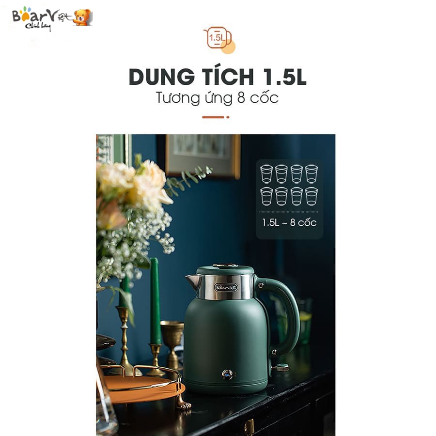 Ấm Siêu Tốc Bear 1,5 Lít - ZDH-C15C1, Công nghệ nhiệt Strix, Lõi ấm inox 304, Công suất 1500W - Bảo hành 12 tháng