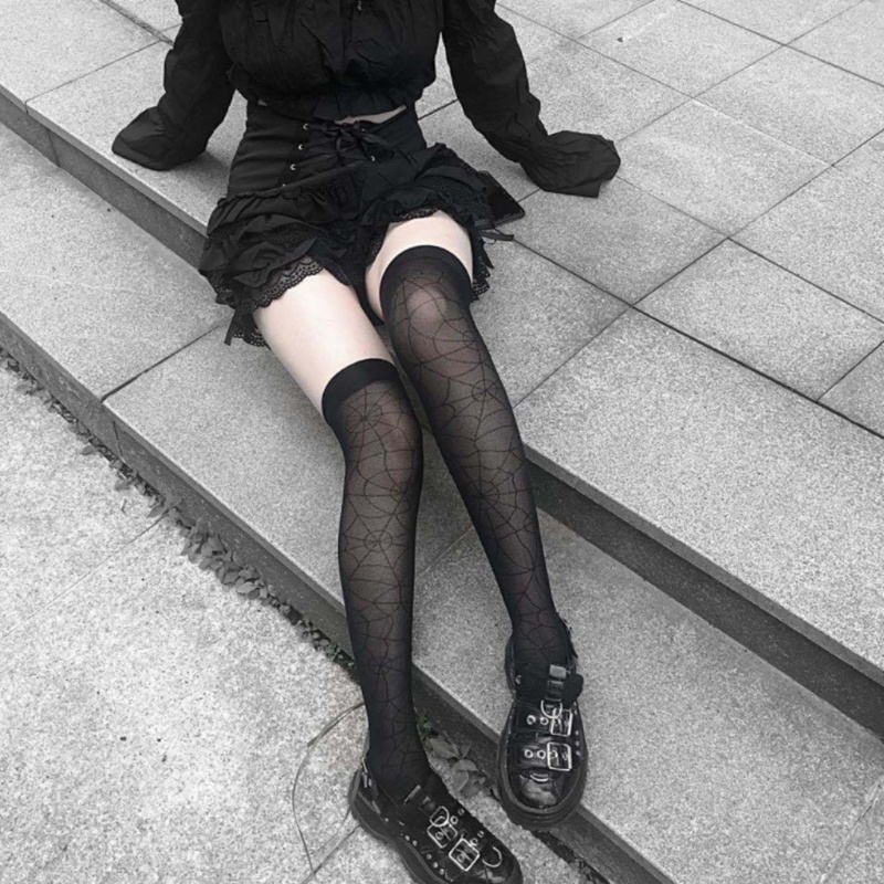 Vớ dài dệt kim phối ren đính nơ màu đen phong cách Gothic Punk Halloween hóa trang Lolita Nhật Bản thời trang dạo phố | BigBuy360 - bigbuy360.vn