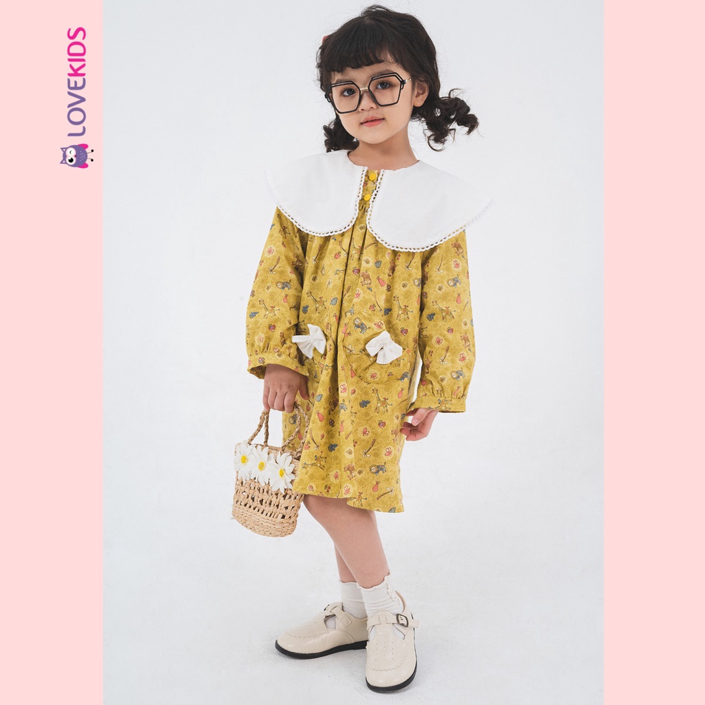 Đầm Premier Fabric dài tay cổ sen họa tiết hoạt hình bé gái - Lovekids