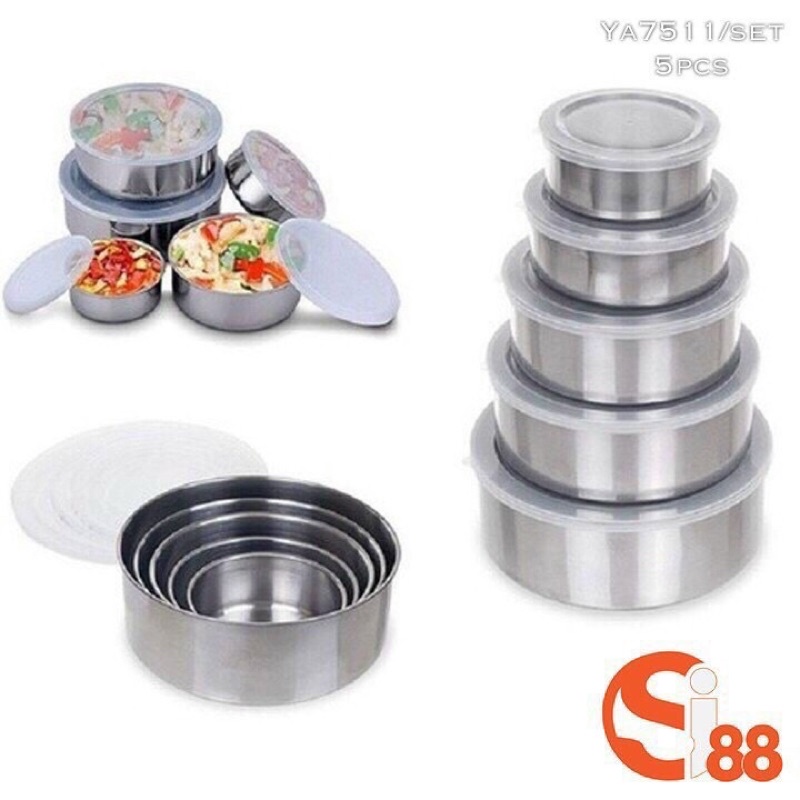 Bộ 5 bát inox đựng thực pphẩm kèm nắp