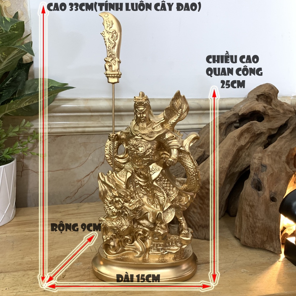 Tượng Đá Quan Công Cầm Đao Cưỡi Rồng Trang Trí Phong Thủy - Màu Nhũ Đồng - Chiều cao 25cm
