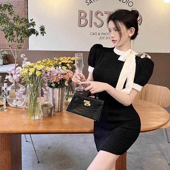 Đầm Đen Tay Ngắn Cổ Tròn Nhấn Eo Phong Cách Pháp Thời Trang Mùa Hè Quyến Rũ Cho Nữ