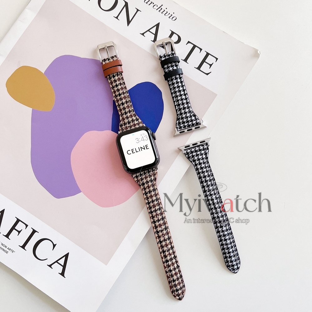 Dây da cho Apple Watch serise7 6 SE 5 4 3 2 iwatch 41 mm 45mm 40mm 42mm 38mm 44mm thiết kế houndstooth dành cho nữ dây da mỏng &amp; mỏng