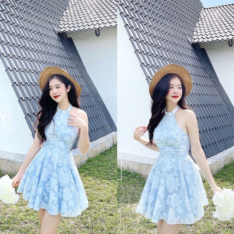 🍃🍃Váy xòe cổ yếm tơ hoa hở lưng🌸🌸🌸