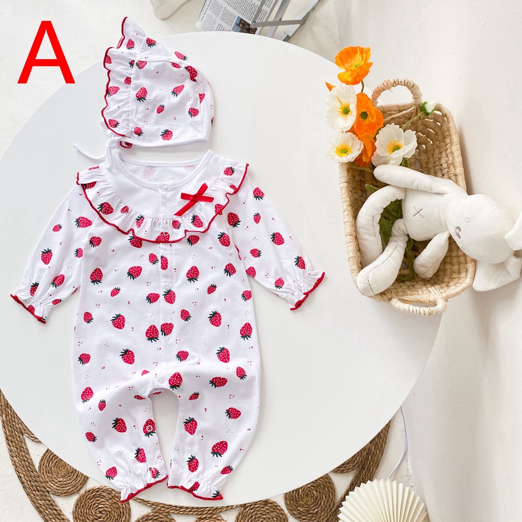 Áo liền quần Sanlutoz tay dài in họa tiết dâu tây dễ thương kèm nón xinh xắn cho bé gái