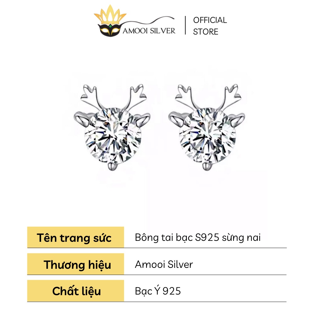 Bông Tai Bạc S925 Thiết Kế Mẫu Tuần Lộc Đính Đá Xinh Xắn - Amooi Silver AB40
