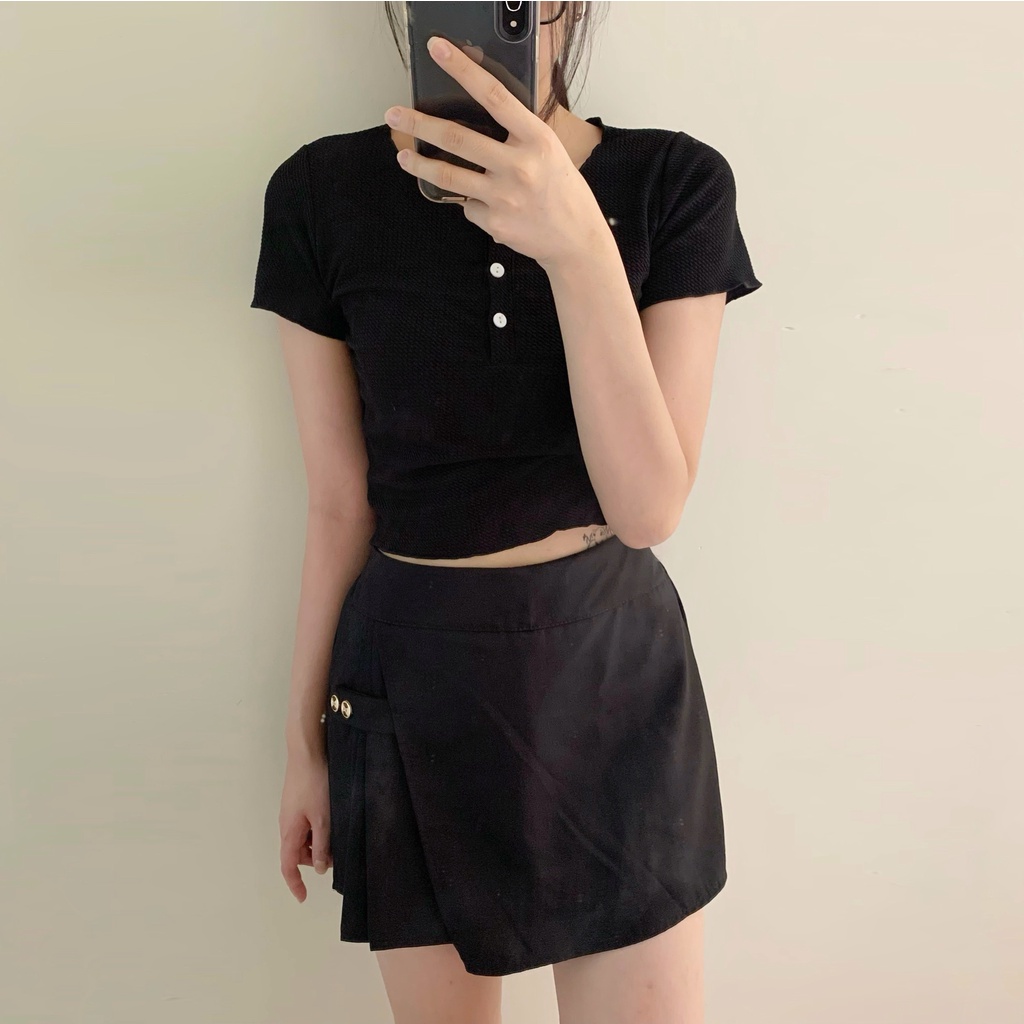 (SET 2 MÓN có BIGSIZE) Set áo len thun tổ ong có nút cổ tròn + quần giả chân váy chữ A BO CHUN ulzzang đi chơi basic