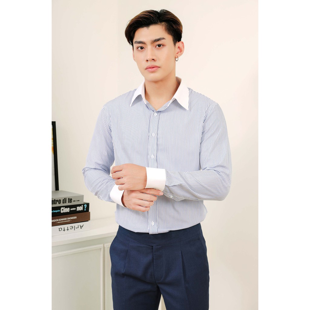 Áo sơ mi nam sọc xanh cổ bản to The Suits House SM00025
