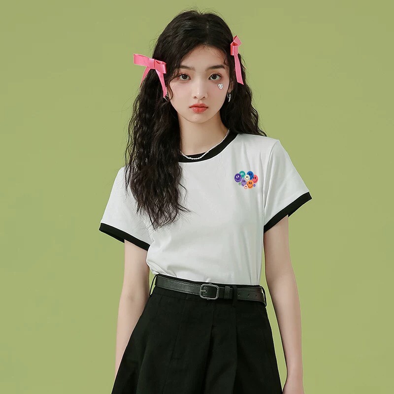 Áo thun nữ tay ngắn in mặt cười ALALA viền đen xanh cổ tay dáng ôm ngắn chất cotton chính hãng