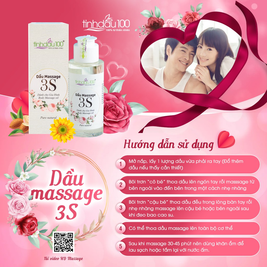 Tinh dầu bôi trơn mát xa 3S, dầu massage tình dục yoni, toàn thân mùi thơm hoa hồng 80ml Tinh Dầu 100 Shop