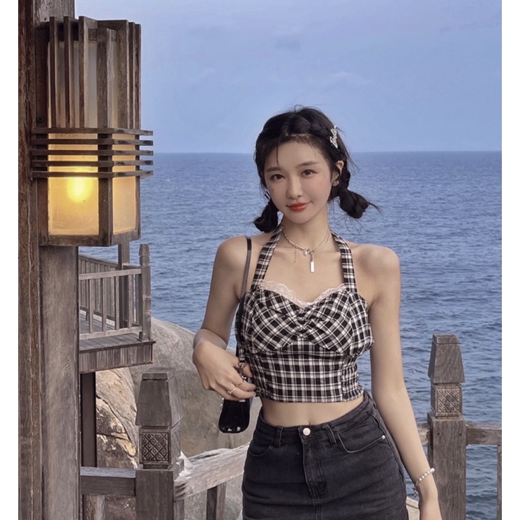 Ashley Set - Set áo crop top caro & chân váy jeans