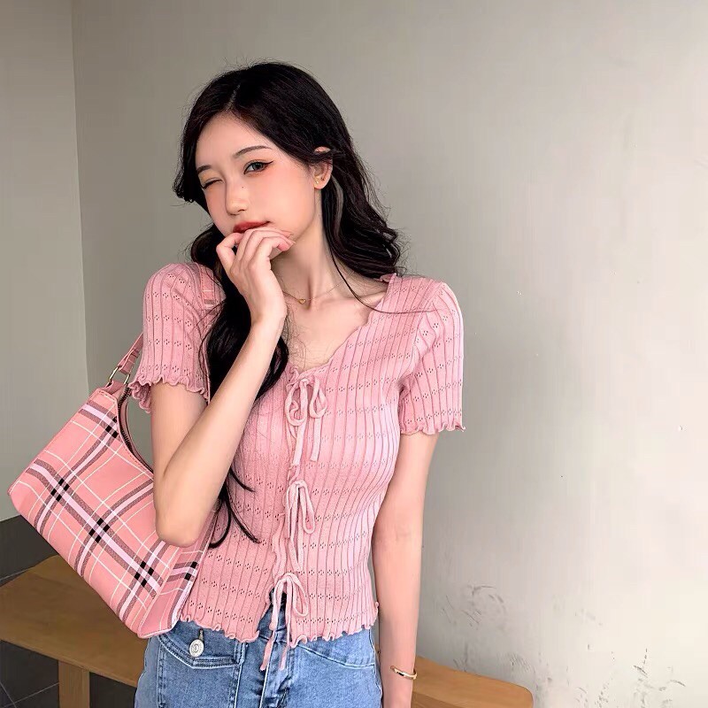 áo len mông hoạ tiết kiểu cộc tay nơ buộc trước điệu đà (23117#)