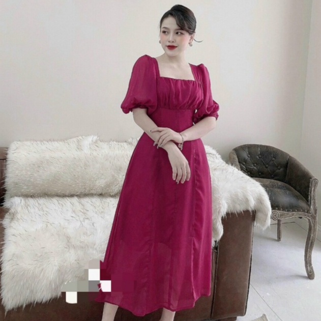 Váy nữ cổ vuông thiết kế tay phồng dáng dài, Đầm thời trang công sở cao cấp dự tiệc sang trọng V127