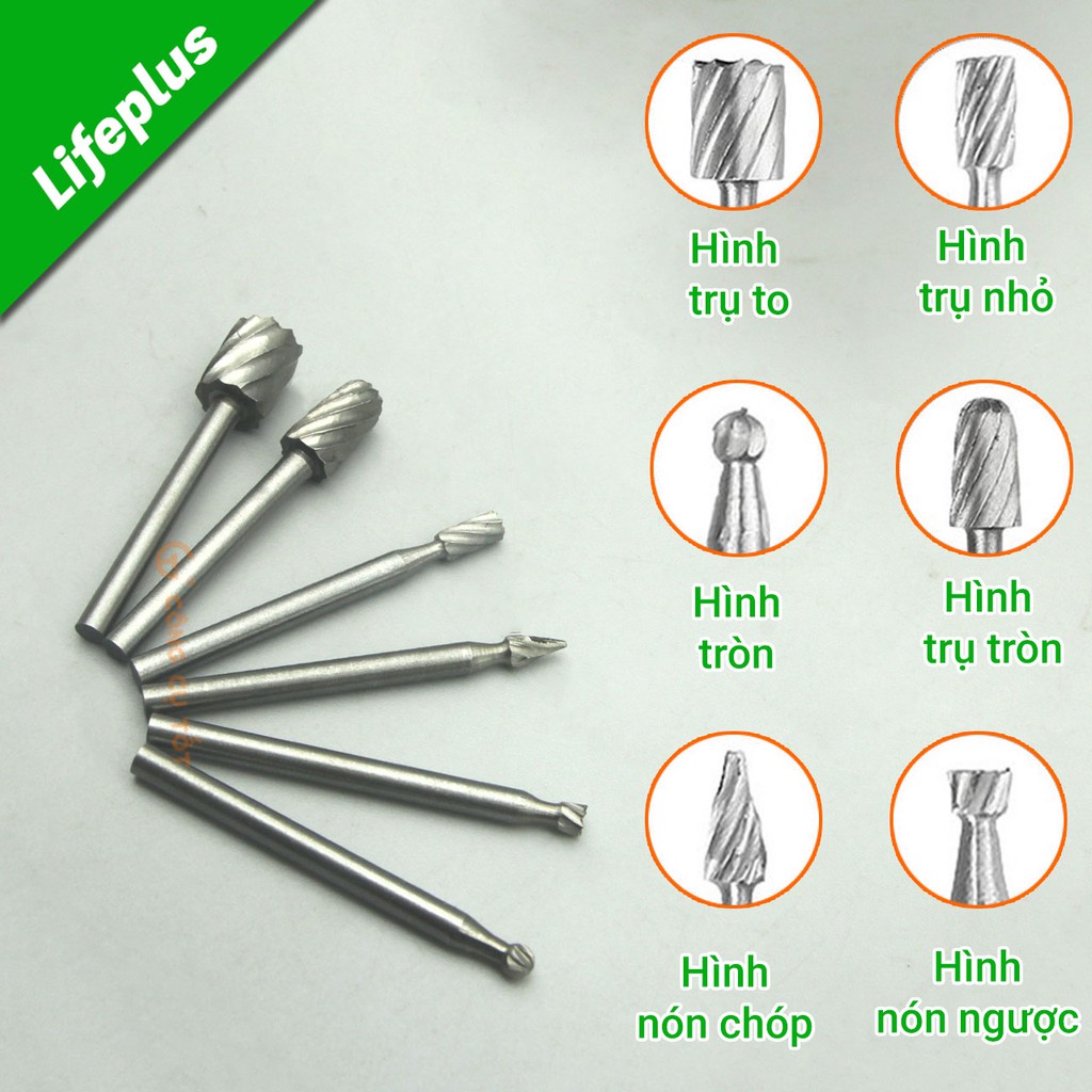 Bộ 6 mũi lũa gỗ điêu khắc, chạm trổ mài khắc thép HSS