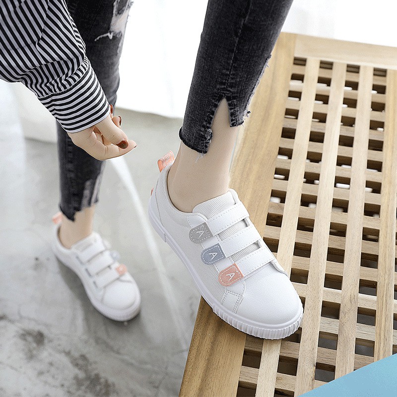 Giày Sneaker Nữ Trắng Siêu Hot Chất Lượng Cao Cấp Đế Bệt Thoải Mái Đai Dán Thời Trang Tiện Lợi Thông Thoáng Êm Chân