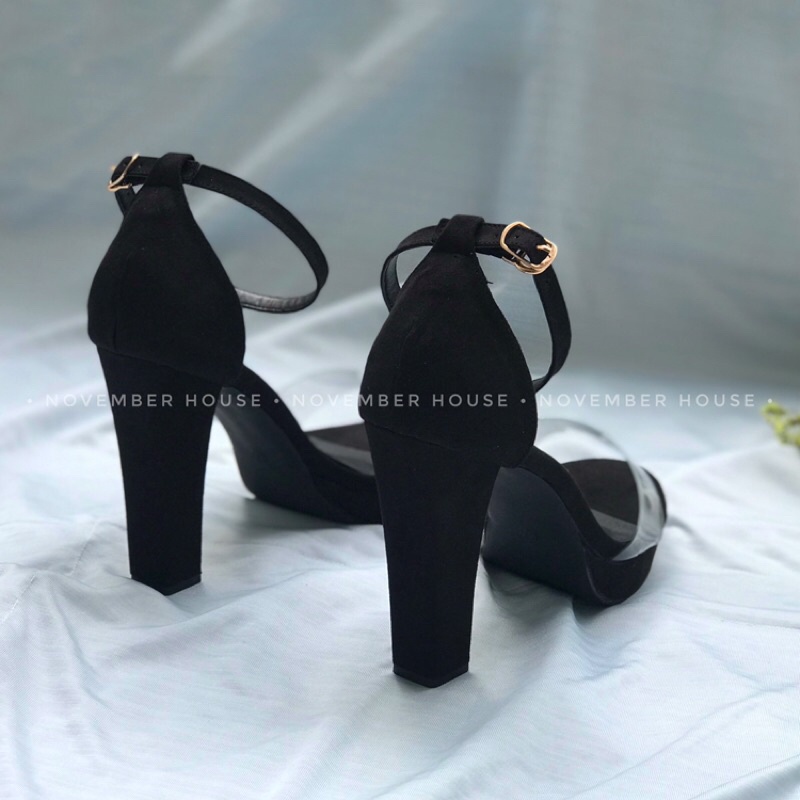 Giày sandal cao gót nữ kiểu dáng gót thô chất liệu phối da lộn, SD18, November House