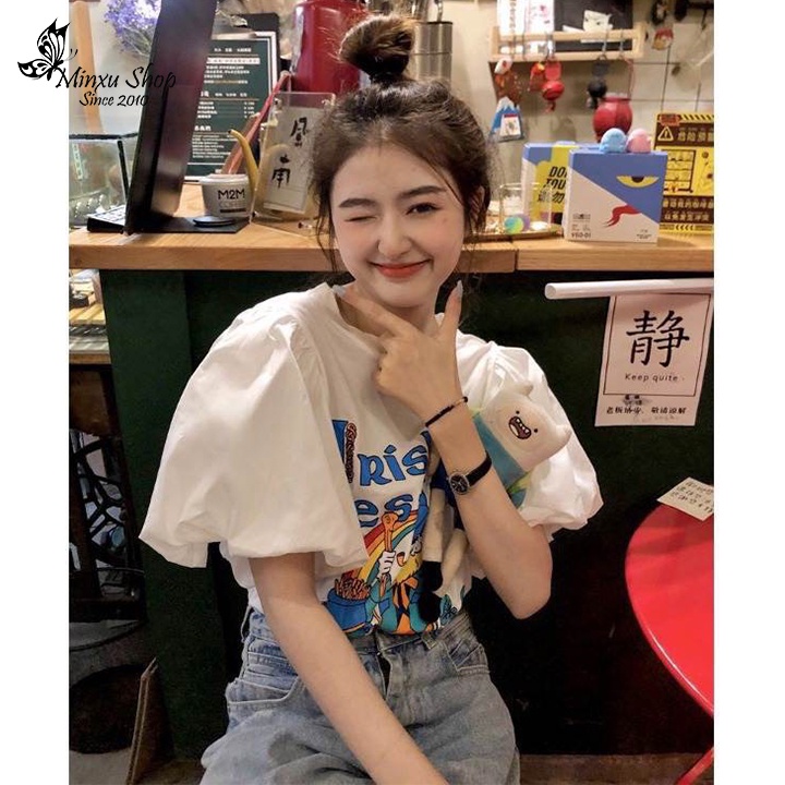 Áo thun trắng ONLY  nữ tay ngắn vai bồng sang chảnh tiểu thư, mùa hè thời trang đường phố hàn quốc Minxu shop OC07